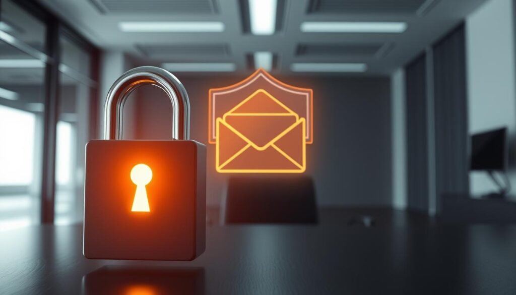 A digital lock icon in the foreground, its keyhole shining with a warm, golden light. In the middle ground, a minimalist email envelope surrounded by a translucent shield, symbolizing protection. The background depicts a sleek, modern office setting with clean lines and muted tones, creating a sense of professionalism and security. The overall scene conveys a message of safeguarding email communications against potential threats, with a focus on practical, user-friendly defense mechanisms. Soft, directional lighting from the left side casts subtle shadows, adding depth and a sense of depth. Captured with a wide-angle lens to emphasize the layered composition.