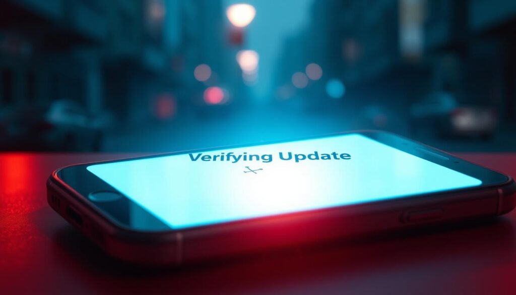 A digital representation of a smartphone screen, illuminated by a warm, ambient light. On the screen, a prominent "Verifying Update" message stands out, conveying a sense of caution and uncertainty. The background is a slightly blurred, generic urban setting, hinting at the broader context of app updates and potential security risks. The image radiates a subtle tension, encouraging the viewer to pause and consider the implications of hastily clicking on an update prompt.