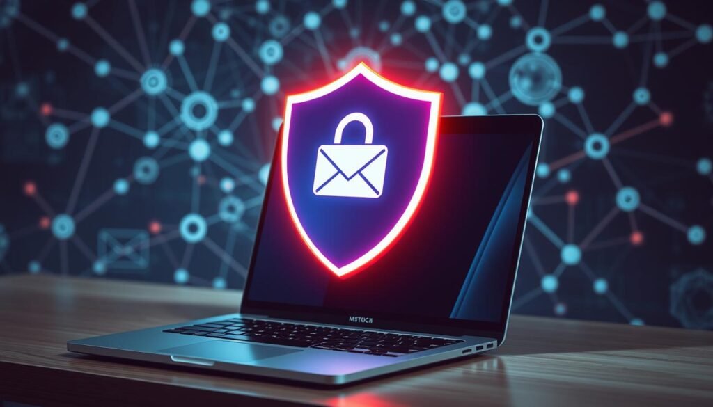A digital shield protecting against phishing attacks, hovering over a sleek laptop computer. The shield glows with a warm, protective aura, casting a soft light across the desktop. In the background, a stylized network of interconnected nodes and data streams, suggesting the complex web of online security. The scene conveys a sense of vigilance and technological sophistication, inviting the viewer to consider the importance of proactive measures against email-based threats. A digital shield protecting against phishing attacks, hovering over a sleek laptop computer. The shield glows with a warm, protective aura, casting a soft light across the desktop. In the background, a stylized network of interconnected nodes and data streams, suggesting the complex web of online security. The scene conveys a sense of vigilance and technological sophistication, inviting the viewer to consider the importance of proactive measures against email-based threats.