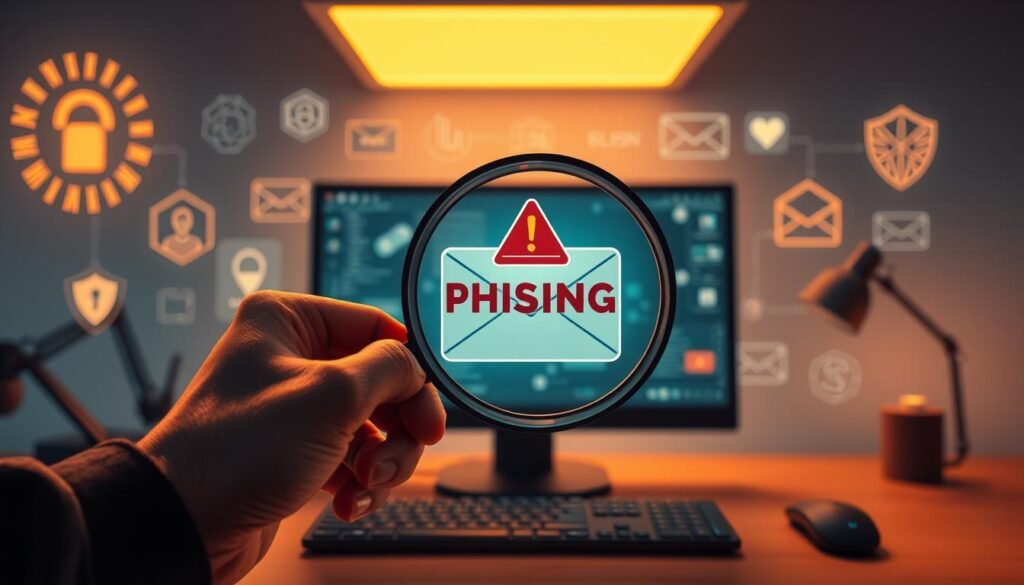 A digital warning sign against phishing, set against a backdrop of a stylized computer desktop. In the foreground, a hand holds a magnifying glass examining a suspicious email, highlighting the vigilance required to detect deceptive online threats. The middle ground features various cybersecurity icons and symbols, emphasizing the importance of proactive defense. The background depicts a serene, minimalist workspace, conveying a sense of security and control. Warm, directional lighting illuminates the scene, creating a sense of focus and clarity. Detailed, photorealistic rendering with a slightly muted color palette to underscore the seriousness of the subject matter.