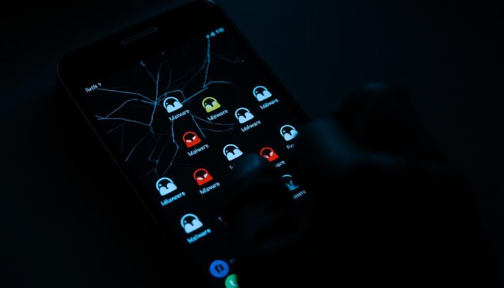 A dimly lit Android smartphone screen, its display cracked and ominous-looking malware icons cluttering the interface. In the foreground, a gloved hand hovers over the screen, poised to swipe and delete the malicious apps. Soft, dramatic lighting illuminates the scene, casting shadows that convey a sense of urgency and the need for swift action. The overall atmosphere is one of concern and determination, as the user embarks on the process of removing the malware and securing their device. The image captures the essence of the "Remove malware from your Android phone step by step" section, providing a visually compelling representation of the article's subject matter.