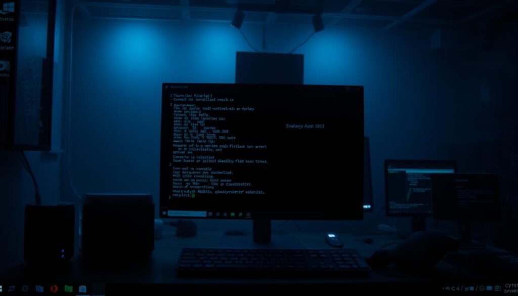 A dimly lit Windows desktop environment, with a sense of unease and technical intrigue. In the foreground, a terminal window displays cryptic code scrolling rapidly, hinting at a stealthy, fileless attack unfolding. The middle ground features various Windows system elements - taskbar, open application windows, and desktop icons - all appearing innocuous yet potentially compromised. The background bathes the scene in a soft, eerie glow, creating an atmosphere of subtle menace and the unseen presence of a sophisticated, invisible threat.