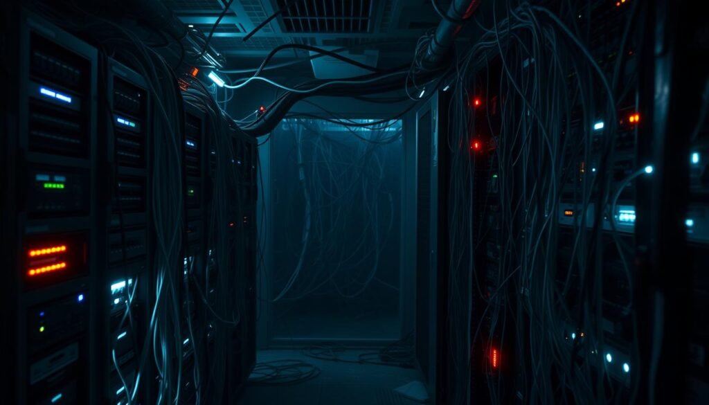 A dimly lit campus network room, with a tangle of cables and blinking lights illuminating the scene. In the foreground, a group of servers and networking equipment hum softly, their lights flickering erratically, suggesting a disruption in the flow of data. The middle ground reveals a maze of crisscrossing Ethernet cables, some frayed or disconnected, conveying a sense of disarray. The background is shrouded in shadows, hinting at the larger campus network beyond, its stability uncertain. The overall atmosphere is one of unease and technological vulnerability, setting the stage for the impending crisis described in the article's section title. A dimly lit campus network room, with a tangle of cables and blinking lights illuminating the scene. In the foreground, a group of servers and networking equipment hum softly, their lights flickering erratically, suggesting a disruption in the flow of data. The middle ground reveals a maze of crisscrossing Ethernet cables, some frayed or disconnected, conveying a sense of disarray. The background is shrouded in shadows, hinting at the larger campus network beyond, its stability uncertain. The overall atmosphere is one of unease and technological vulnerability, setting the stage for the impending crisis described in the article's section title.
