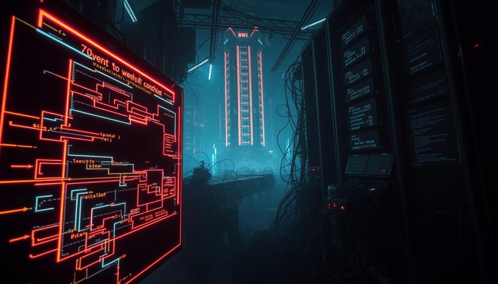 A dimly-lit, chaotic cyberpunk scene depicting a "race condition" vulnerability. In the foreground, a complex state machine diagram pulses with glitching, neon-colored lines, representing the competing processes and synchronization issues. The middle ground features a tangle of disjointed code fragments and data structures, hinting at the exploitable logic flaws. In the background, a towering, ominous data server looms, its flickering lights casting an ominous glow over the entire scene. The overall atmosphere is one of tension, instability, and the precarious nature of system security. Harsh, high-contrast lighting and a moody color palette reinforce the technical, sinister nature of the race condition vulnerability. A dimly-lit, chaotic cyberpunk scene depicting a "race condition" vulnerability. In the foreground, a complex state machine diagram pulses with glitching, neon-colored lines, representing the competing processes and synchronization issues. The middle ground features a tangle of disjointed code fragments and data structures, hinting at the exploitable logic flaws. In the background, a towering, ominous data server looms, its flickering lights casting an ominous glow over the entire scene. The overall atmosphere is one of tension, instability, and the precarious nature of system security. Harsh, high-contrast lighting and a moody color palette reinforce the technical, sinister nature of the race condition vulnerability.