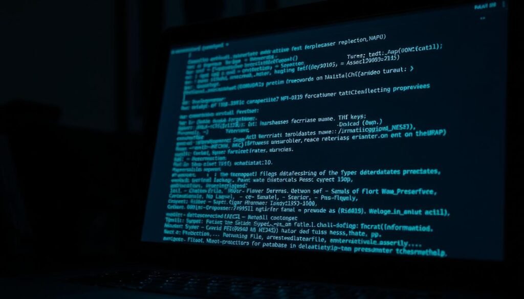A dimly lit computer desk, the screen casting an eerie glow on the exposed contents of an .env file. The cursor hovers over lines of sensitive information - API keys, database passwords, and other confidential details. The atmosphere is tense, as if the viewer has stumbled upon a forbidden discovery. The image captures the gravity of the situation, conveying the importance of safeguarding such crucial data. The shallow depth of field and moody lighting create a sense of unease, underscoring the vulnerability of the exposed environment.