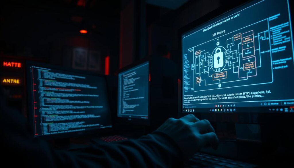 A dimly lit computer lab, the glow of monitors casting an eerie light. On the screen, a complex diagram illustrates the mechanics of SSL stripping - a man-in-the-middle attack that intercepts and downgrades secure HTTPS connections to vulnerable HTTP. In the foreground, a hacker's hands deftly navigate the terminal, executing scripts that exploit this security flaw. The atmosphere is tense, the implications grave - a stark reminder that even the most basic online protections can be undermined by determined adversaries. A dimly lit computer lab, the glow of monitors casting an eerie light. On the screen, a complex diagram illustrates the mechanics of SSL stripping - a man-in-the-middle attack that intercepts and downgrades secure HTTPS connections to vulnerable HTTP. In the foreground, a hacker's hands deftly navigate the terminal, executing scripts that exploit this security flaw. The atmosphere is tense, the implications grave - a stark reminder that even the most basic online protections can be undermined by determined adversaries.