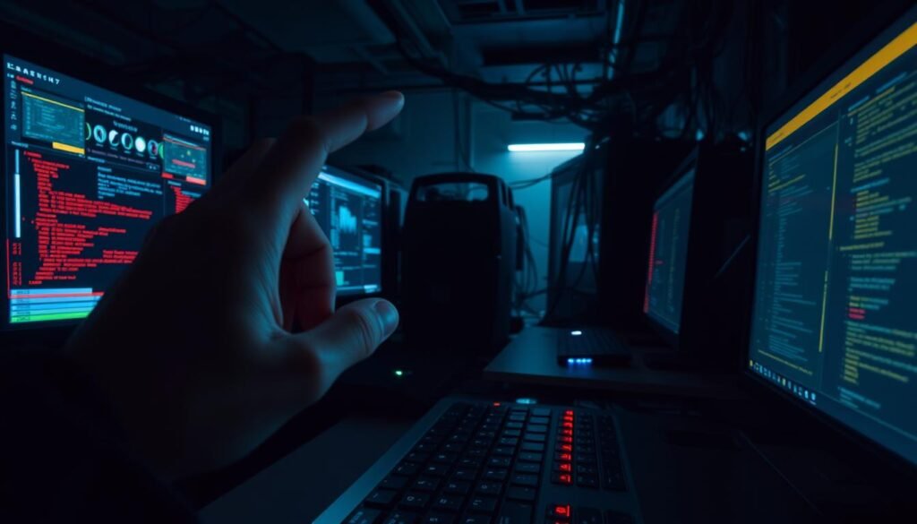 A dimly lit computer lab, the glow of monitors casting eerie shadows. In the foreground, a hand hovers over a keyboard, fingers poised to unleash a trojan hidden within a free software download. The middle ground reveals an array of icons and windows, obscuring the true nature of the malicious code. In the background, a tangled web of network cables and server racks, hinting at the broader infrastructure that could be compromised. The scene conveys a sense of unease and tension, as the viewer is left to ponder the potential consequences of this stealthy trojan delivery method. A dimly lit computer lab, the glow of monitors casting eerie shadows. In the foreground, a hand hovers over a keyboard, fingers poised to unleash a trojan hidden within a free software download. The middle ground reveals an array of icons and windows, obscuring the true nature of the malicious code. In the background, a tangled web of network cables and server racks, hinting at the broader infrastructure that could be compromised. The scene conveys a sense of unease and tension, as the viewer is left to ponder the potential consequences of this stealthy trojan delivery method.