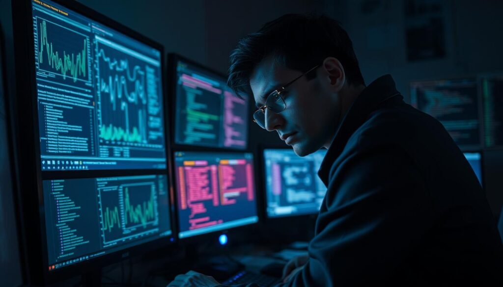 A dimly lit computer lab, the glow of multiple monitors casting a soft, eerie light. On the screens, complex graphs, lines of code, and a 3D model of a computer memory module, all indicating the intricate process of memory forensics. In the foreground, a detective-like figure, leaning in, analyzing the data with a thoughtful, intense expression. The atmosphere is one of quiet urgency, as if unraveling the secrets of a digital crime scene. Subtle highlights and shadows add depth, while the overall scene conveys the vital importance of memory forensics in modern incident response. A dimly lit computer lab, the glow of multiple monitors casting a soft, eerie light. On the screens, complex graphs, lines of code, and a 3D model of a computer memory module, all indicating the intricate process of memory forensics. In the foreground, a detective-like figure, leaning in, analyzing the data with a thoughtful, intense expression. The atmosphere is one of quiet urgency, as if unraveling the secrets of a digital crime scene. Subtle highlights and shadows add depth, while the overall scene conveys the vital importance of memory forensics in modern incident response.