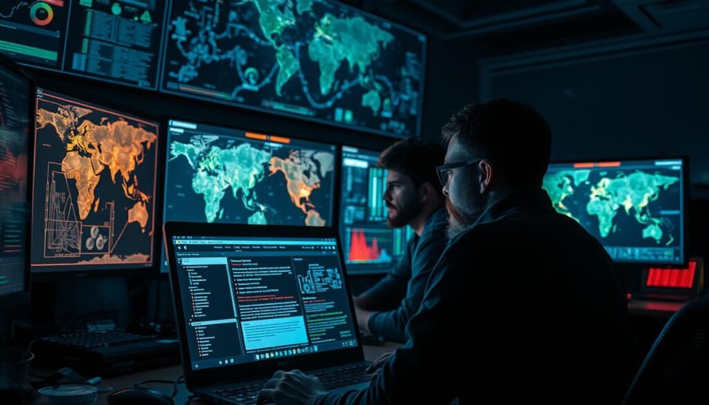 A dimly lit computer lab, the glow of screens illuminating the faces of security analysts. Elaborate threat intelligence maps sprawl across multiple displays, data visualizations pulsing with real-time insights. In the foreground, a laptop screen shows an email phishing attempt, its malicious intent detected by advanced AI algorithms. The analysts, brows furrowed in concentration, sift through a wealth of threat data, seeking patterns and indicators to protect against the latest cyber threats. The atmosphere is one of focus and determination, as the blue team works tirelessly to safeguard the organization against the looming dangers of the digital landscape.