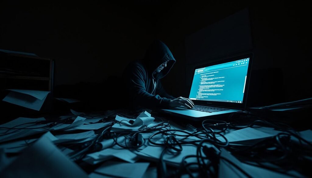 A dimly lit computer room with scattered papers and broken hardware, the glow of a compromised website on a laptop screen casting an eerie light. Shattered glass and frayed cables litter the foreground, conveying a sense of violation and chaos. In the middle ground, a lone figure in a dark hoodie hunches over the laptop, fingers flying across the keyboard. The background is shrouded in shadow, hinting at the far-reaching consequences of the breach. The scene is captured with a wide-angle lens, creating a sense of unease and claustrophobia. The overall mood is one of dread and urgency, reflecting the gravity of the situation.