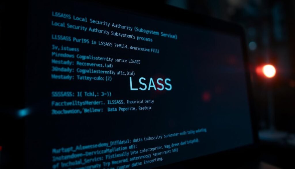 A dimly lit computer screen displaying the LSASS (Local Security Authority Subsystem Service) process, its intricate details and technical specifications visible. The process appears to be running, with data streams and memory allocations visible. The scene conveys a sense of exploration and investigation, as if the viewer is delving into the innerworkings of a complex system. Subtle lens flare and depth of field effects create a sense of depth and atmosphere, drawing the viewer's attention to the core of the LSASS process. The overall mood is one of technical fascination and a desire to uncover the secrets hidden within the system's memory.