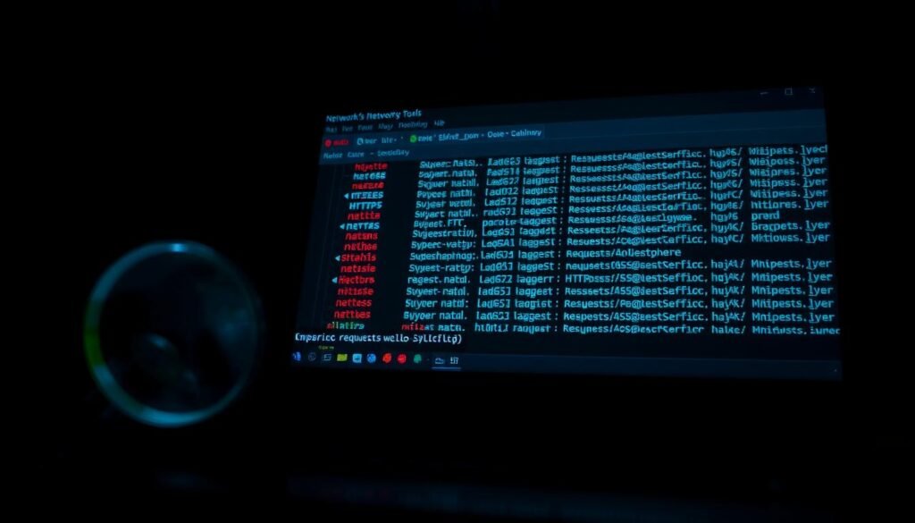 A dimly lit computer screen displays a network traffic interceptor tool, the UI revealing a series of HTTP/HTTPS requests being monitored. In the foreground, a magnifying glass icon hovers, signifying the act of inspecting and analyzing the data. The background is shrouded in shadows, creating a sense of secrecy and the potential for malicious activity. The scene is illuminated by the soft glow of the screen, casting an eerie, ominous atmosphere. The overall composition conveys the idea of detecting and uncovering the dangers of SSL stripping in a real-world, technical setting. A dimly lit computer screen displays a network traffic interceptor tool, the UI revealing a series of HTTP/HTTPS requests being monitored. In the foreground, a magnifying glass icon hovers, signifying the act of inspecting and analyzing the data. The background is shrouded in shadows, creating a sense of secrecy and the potential for malicious activity. The scene is illuminated by the soft glow of the screen, casting an eerie, ominous atmosphere. The overall composition conveys the idea of detecting and uncovering the dangers of SSL stripping in a real-world, technical setting.