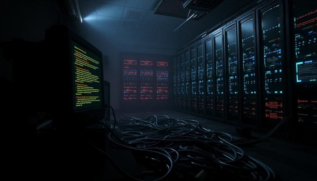 A dimly lit computer server room, filled with ominous shadows and a sense of unease. In the foreground, a glowing monitor displays a series of complex code snippets and error messages, hinting at a security breach. Thick cables snake across the floor, their tangled paths mimicking the intricate web of digital threats. In the background, a bank of blinking lights and screens cast an eerie glow, suggesting the presence of unseen dangers lurking within the system. The scene is illuminated by a single, harsh spotlight, casting sharp contrasts and ominous shadows that heighten the sense of foreboding. The overall atmosphere conveys the gravity of the situation, the need for vigilance, and the high stakes involved in preventing the next Olympic Destroyer attack. A dimly lit computer server room, filled with ominous shadows and a sense of unease. In the foreground, a glowing monitor displays a series of complex code snippets and error messages, hinting at a security breach. Thick cables snake across the floor, their tangled paths mimicking the intricate web of digital threats. In the background, a bank of blinking lights and screens cast an eerie glow, suggesting the presence of unseen dangers lurking within the system. The scene is illuminated by a single, harsh spotlight, casting sharp contrasts and ominous shadows that heighten the sense of foreboding. The overall atmosphere conveys the gravity of the situation, the need for vigilance, and the high stakes involved in preventing the next Olympic Destroyer attack.
