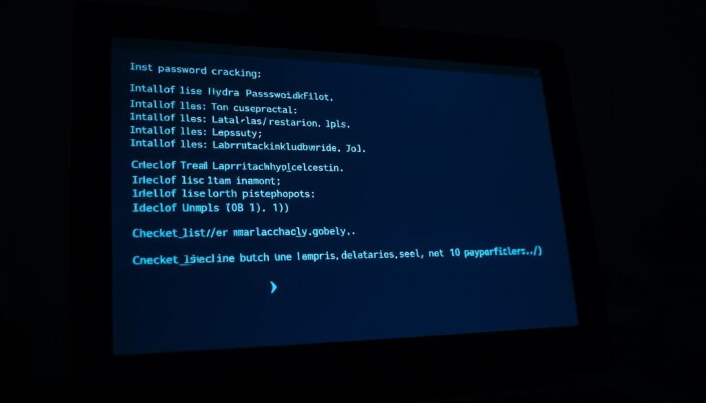 A dimly lit computer terminal displays a command prompt, the cursor blinking expectantly. The screen shows the output of the Hydra password cracking tool, its options and syntax clearly presented in a monospace font. The scene is bathed in a subtle glow, creating an atmosphere of technical precision and focus. The camera angle is slightly elevated, giving a sense of authority and control over the process. The background is a muted, neutral tone, keeping the attention on the command line interface at the center of the frame. A dimly lit computer terminal displays a command prompt, the cursor blinking expectantly. The screen shows the output of the Hydra password cracking tool, its options and syntax clearly presented in a monospace font. The scene is bathed in a subtle glow, creating an atmosphere of technical precision and focus. The camera angle is slightly elevated, giving a sense of authority and control over the process. The background is a muted, neutral tone, keeping the attention on the command line interface at the center of the frame.