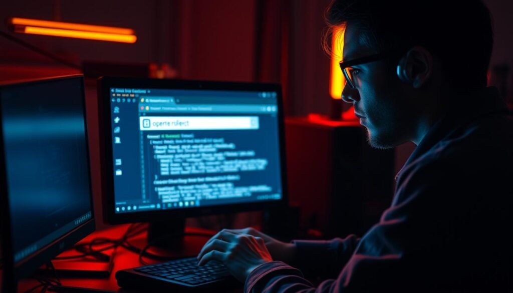 A dimly lit computer workstation, the glow of the screen illuminating the face of a focused security researcher. On the display, a web browser window open, the URL field revealing the target website's address, ready for a deep dive into its security posture. The researcher's fingers dance across the keyboard, carefully crafting a series of requests, testing for open redirect vulnerabilities - a common yet dangerous flaw that could enable attackers to hijack user sessions or redirect victims to malicious sites. The scene exudes an air of analytical precision, the pursuit of knowledge and the determination to uncover hidden weaknesses, all in the name of enhancing online safety.