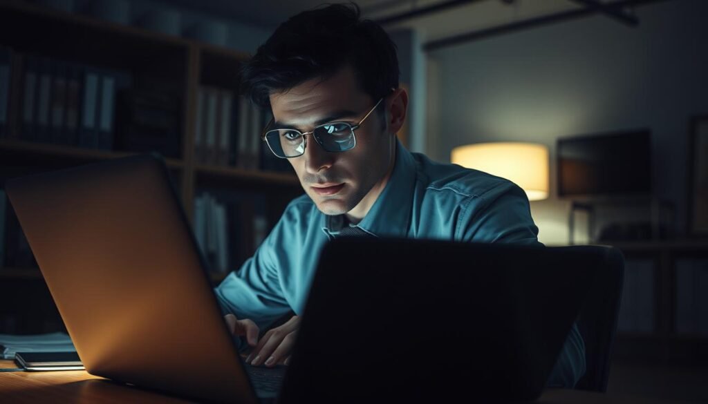 A dimly lit corporate office setting, with a laptop on a desk and a person in the foreground intently studying the screen. The scene is illuminated by the soft glow of the monitor, casting a subtle hue across the room. In the background, shelves of books and files suggest a professional, authoritative environment. The person's expression is one of focus and concentration, as they meticulously analyze the contents of the laptop, conducting a thorough security test. The atmosphere is serious, with a sense of responsibility and attention to detail, reflecting the legal and ethical considerations of the task at hand. A dimly lit corporate office setting, with a laptop on a desk and a person in the foreground intently studying the screen. The scene is illuminated by the soft glow of the monitor, casting a subtle hue across the room. In the background, shelves of books and files suggest a professional, authoritative environment. The person's expression is one of focus and concentration, as they meticulously analyze the contents of the laptop, conducting a thorough security test. The atmosphere is serious, with a sense of responsibility and attention to detail, reflecting the legal and ethical considerations of the task at hand.