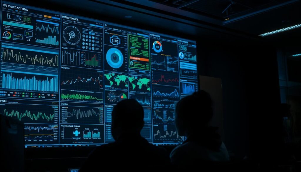 A dimly lit corporate office, with a large screen displaying a complex array of graphs, charts, and data visualizations. In the foreground, a team of analysts intently studying the information, their expressions a mix of focus and concern. The lighting is sharp and dramatic, casting deep shadows and highlighting the intensity of the moment. Sophisticated algorithms and intricate detection systems are visualized across the screen, offering insights into the unfolding cybersecurity incident. The atmosphere is one of urgency and critical decision-making, as the team works to understand the nature and scope of the breach, preparing to mount an effective response.
