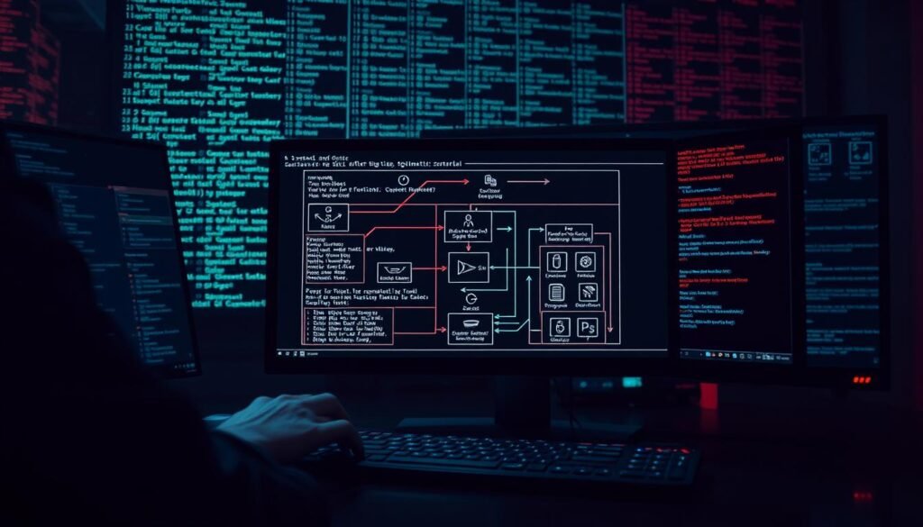 A dimly lit cyberpunk scene showcasing the essential sqlmap commands and options, displayed on a series of sleek, futuristic computer screens. The foreground features a skilled hacker's hands deftly typing commands, while the middle ground shows a detailed visualization of the sqlmap workflow, with arrows and icons highlighting key steps. In the background, a matrix of code snippets and data visualizations evokes the complex, technical nature of the tool. The overall mood is one of focused intensity, with a touch of ominous power underlying the pragmatic execution of the security testing process. A dimly lit cyberpunk scene showcasing the essential sqlmap commands and options, displayed on a series of sleek, futuristic computer screens. The foreground features a skilled hacker's hands deftly typing commands, while the middle ground shows a detailed visualization of the sqlmap workflow, with arrows and icons highlighting key steps. In the background, a matrix of code snippets and data visualizations evokes the complex, technical nature of the tool. The overall mood is one of focused intensity, with a touch of ominous power underlying the pragmatic execution of the security testing process.