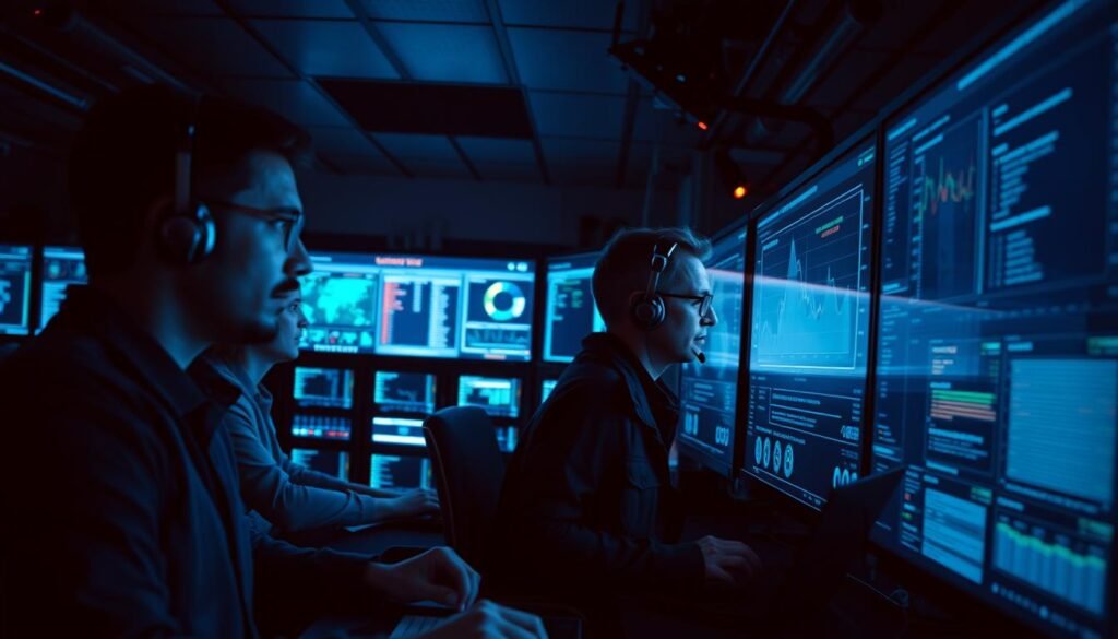 A dimly lit cybersecurity command center, with a trio of security analysts intently studying large screens displaying network traffic, threat data, and security analytics. The room is bathed in a cool, blue-tinted glow from the displays, creating an atmosphere of focus and vigilance. The analysts wear headsets and type rapidly, their expressions a mix of concentration and determination as they work to identify and mitigate potential threats. In the background, a bank of servers hums softly, their blinking lights symbolizing the constant flow of data that must be monitored and protected. The overall scene conveys a sense of security, professionalism, and the critical importance of cybersecurity in the digital age.