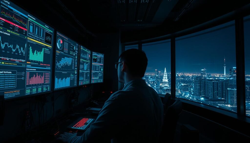 A dimly lit cybersecurity control room, with rows of monitors displaying real-time threat analytics and network activity. In the foreground, a security analyst intently studies a complex dashboard, their face illuminated by the glow of the screens. The middle ground features a tangle of cables, blinking servers, and intricate circuit boards, hinting at the underlying technological infrastructure that powers modern security systems. In the background, a large window offers a glimpse of a cityscape at night, a visual metaphor for the ever-present threats lurking in the digital realm. The scene conveys a sense of heightened vigilance and the critical importance of AI-driven tools in safeguarding against the rising tide of sophisticated cyber attacks.