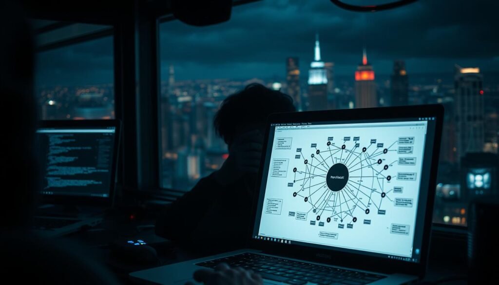 A dimly lit cybersecurity lab, the glow of computer screens casting an eerie ambiance. In the foreground, a laptop screen displays a complex network diagram, illustrating the mechanics of an "open redirect" vulnerability. The middle ground features a human figure, meticulously analyzing the data, their face half-obscured by the screen's reflection. In the background, a sprawling cityscape at night, skyscrapers and neon signs hinting at the broader implications of this web flaw. The scene conveys a sense of urgency and the need to understand the technical nuances of this dangerous exploit.