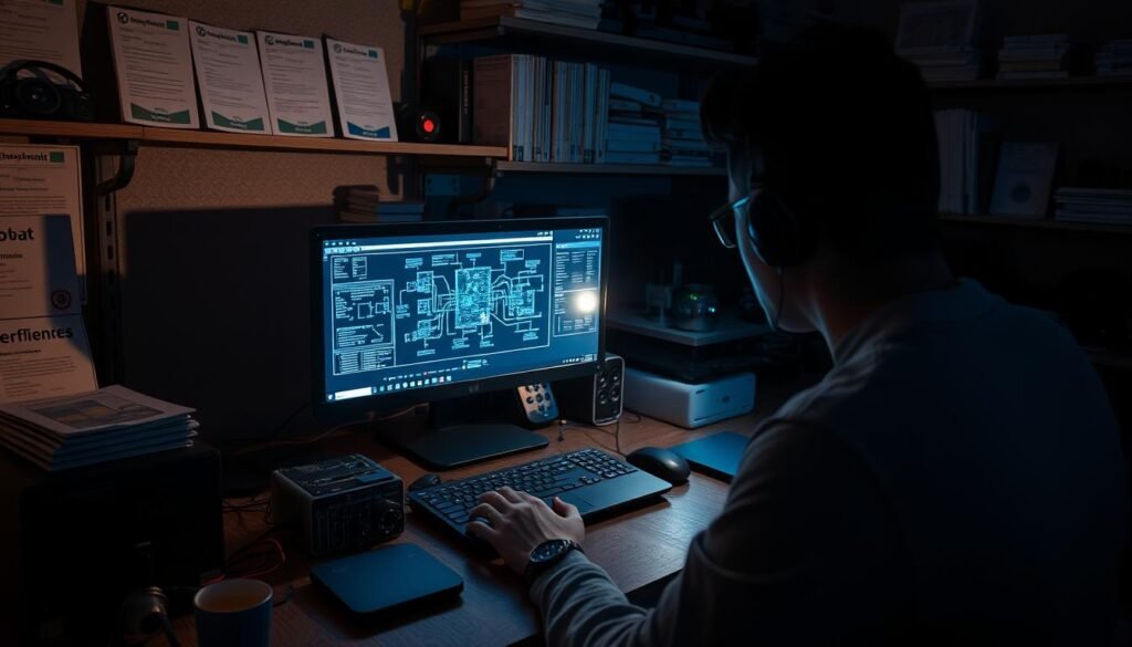 A dimly lit cybersecurity learning lab, with a desk showcasing a laptop, books, and various tech gadgets. In the foreground, a person intently studying network diagrams on the screen, their face illuminated by the cool glow of the display. The background features shelves stocked with cybersecurity manuals, certifications, and equipment, casting long shadows across the room. The scene is captured with a soft, moody lighting, creating an atmosphere of focused dedication and intellectual pursuit, as if to convey the first steps of a cybersecurity career journey.