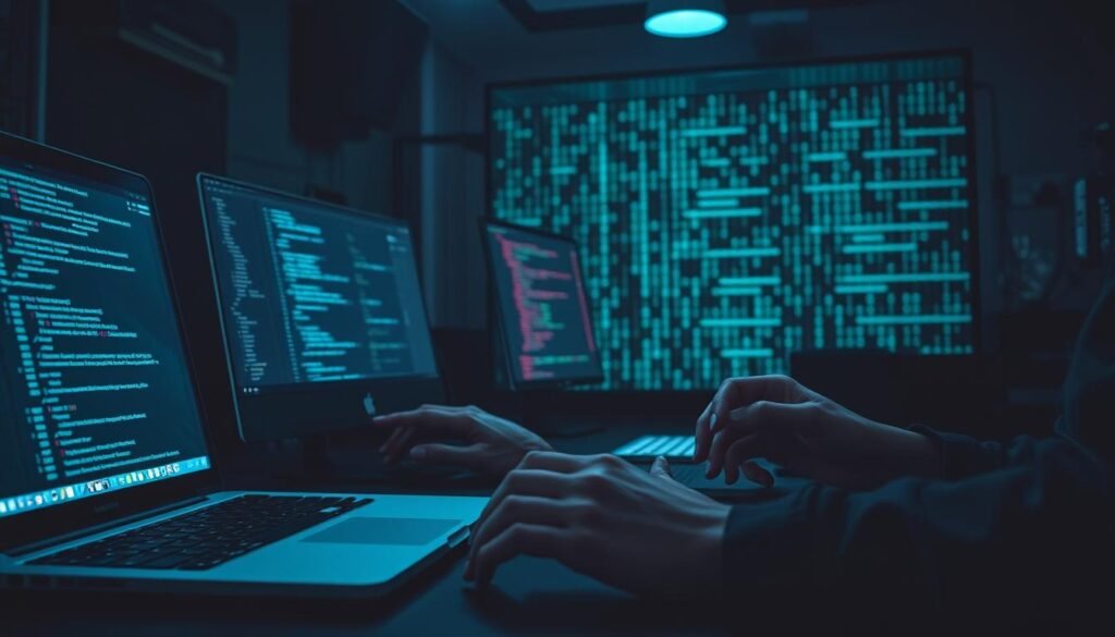 A dimly lit cybersecurity workshop, the glow of digital displays casting a serene ambiance. In the foreground, an array of essential tools - a sleek laptop, a network sniffer, and a code editor, all poised for action. In the middle ground, hands deftly manipulate these implements, mastering the fundamentals of penetration testing - network analysis, vulnerability assessment, and ethical hacking techniques. The background fades into a subtle matrix of binary code, symbolizing the depth of knowledge required to navigate the digital realm securely. A sense of focus and determination permeates the scene, conveying the essence of the skills every aspiring ethical hacker must cultivate. A dimly lit cybersecurity workshop, the glow of digital displays casting a serene ambiance. In the foreground, an array of essential tools - a sleek laptop, a network sniffer, and a code editor, all poised for action. In the middle ground, hands deftly manipulate these implements, mastering the fundamentals of penetration testing - network analysis, vulnerability assessment, and ethical hacking techniques. The background fades into a subtle matrix of binary code, symbolizing the depth of knowledge required to navigate the digital realm securely. A sense of focus and determination permeates the scene, conveying the essence of the skills every aspiring ethical hacker must cultivate.
