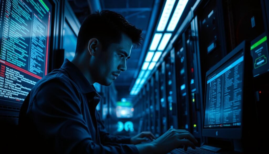 A dimly lit data center, servers humming with activity. Rows of monitors display real-time log data, meticulously cataloging system events and security alerts. In the foreground, a technician intently scans the screens, brow furrowed in concentration, fingers flying across the keyboard as they correlate and analyze the critical information. Soft blue lighting casts an ethereal glow, emphasizing the importance of this data-driven task. The scene conveys a sense of vigilance and control, highlighting the need for comprehensive, actionable log coverage to safeguard the system's integrity.