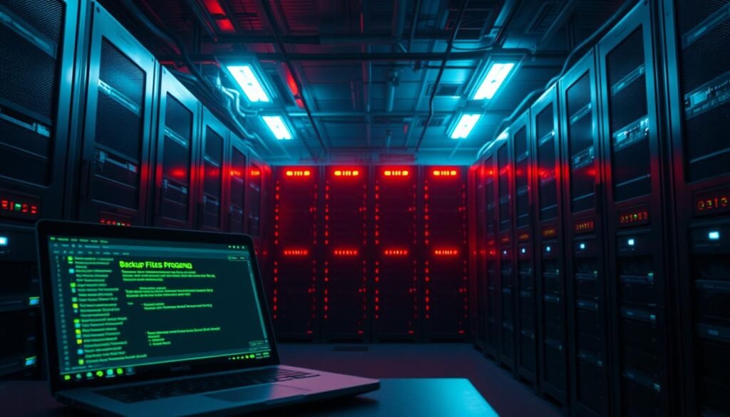 A dimly lit data center, servers standing in orderly rows, their status lights blinking steadily. In the foreground, a laptop screen displays backup progress, the files being meticulously preserved. The room is bathed in the warm glow of emergency lighting, conveying a sense of urgency and the need to act quickly. The atmosphere is somber, yet focused, as the technician works to contain the damage and gather evidence before the cleanup can begin. The camera angle is slightly elevated, providing a comprehensive view of the scene, capturing the scale and importance of the task at hand.