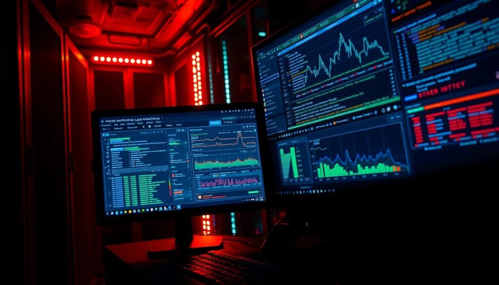 A dimly lit data center, the glow of multiple monitors casting a warm hue. On the central screen, a real-time log monitoring dashboard displays a stream of system events, alerts, and anomalies. Graphs and charts visualize patterns and trends, while a threat hunting interface allows the analyst to investigate suspicious activities. The scene conveys a sense of vigilance, as the user scans the data, ever-watchful for signs of intrusion or tampering. Soft ambient lighting, a depth of field that keeps the background slightly blurred, and a low camera angle that emphasizes the importance of the task at hand.