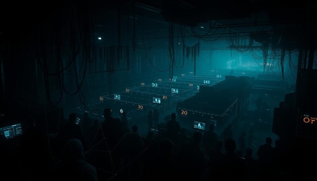A dimly lit digital landscape, cloaked in shadows and mystery. In the foreground, a tangled web of anonymous figures and symbols, hinting at the illicit transactions and stolen data that thrive in the dark recesses of the internet. The middle ground is a maze of encrypted screens and hidden pathways, guarded by complex security protocols. In the distance, the faint glow of the surface web, a facade of normalcy that belies the sinister underbelly of the dark web. Capture this scene with a moody, high-contrast aesthetic, using a low-angle perspective and dramatic lighting to convey the ominous and secretive nature of this hidden digital realm.