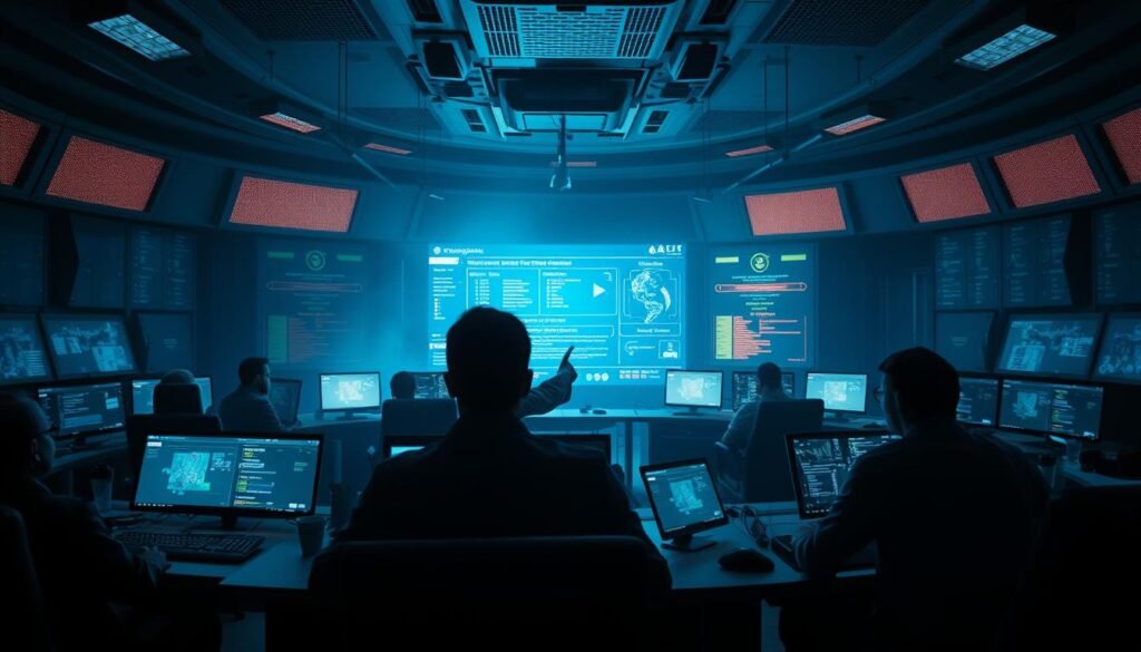 A dimly lit emergency operations center, with holographic displays and workstations arranged in a circular layout. In the foreground, a team of cybersecurity experts analyze threat data, their faces illuminated by the glow of monitors. In the middle ground, a senior analyst gestures towards a large screen, highlighting containment strategies and recovery plans. The background is shrouded in shadows, conveying a sense of urgency and tension as the team works to mitigate the ongoing incident. The lighting is subdued, with a cool, blue-tinted hue, creating an atmosphere of seriousness and professionalism. The camera angle is slightly elevated, providing a panoramic view of the scene, emphasizing the collaborative nature of the response effort.