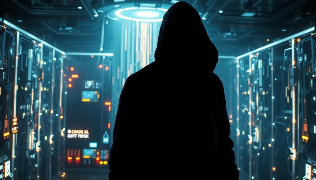 A dimly lit, futuristic network hub with glowing data streams and intricate circuit patterns. In the foreground, a shadowy figure looms, representing the threat of identity and network risk. The middle ground features an array of digital devices, each a potential entry point for hackers. The background is a maze of interconnected nodes, symbolizing the complex web of vulnerabilities within modern wireless networks. The lighting is dramatic, casting deep shadows and highlighting the ominous atmosphere. The lens is slightly angled, creating a sense of unease and the looming danger of cyber threats.