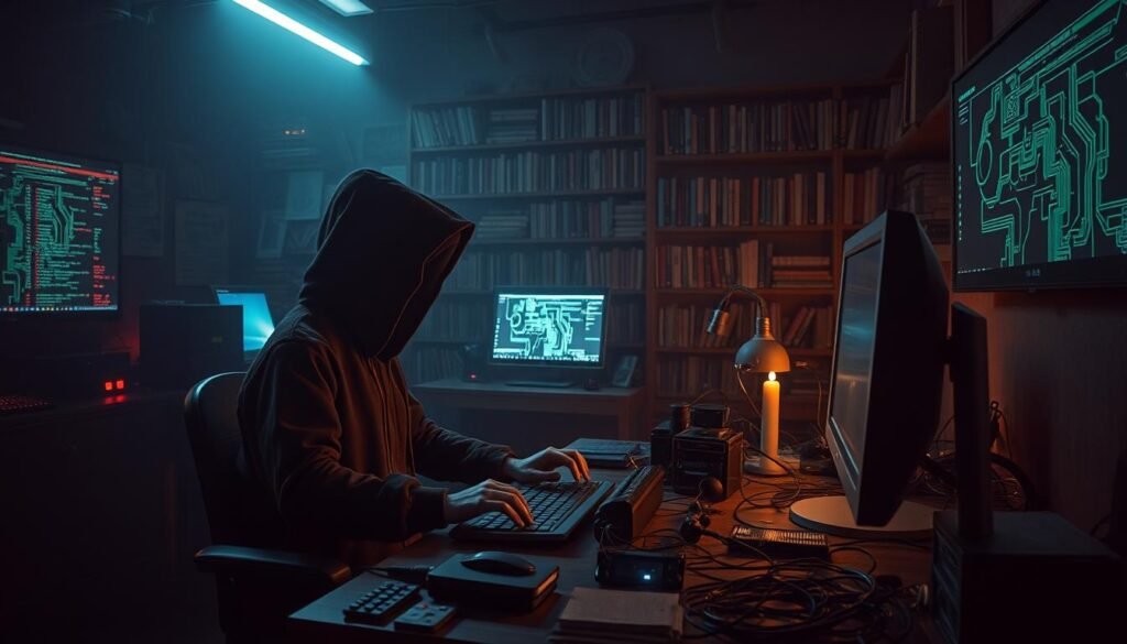 A dimly lit hacker's lair, filled with the glow of computer screens and the faint hum of electronics. In the foreground, a lone figure sits at a desk, their face obscured by the shadows, fingers dancing across a keyboard as they navigate a complex network of code. Scattered around the desk, an array of tools and gadgets - soldering irons, circuit boards, and wires twisted into intricate patterns. The middle ground reveals shelves lined with books on cryptography, programming, and the history of computer science, hinting at the depth of knowledge that fuels these audacious hacking stunts. In the background, a wall-mounted display showcases a visualization of data flows, like veins pulsing with information. The overall atmosphere is one of focused intensity, where the line between mischief and mastery blurs, reflecting the hacker's code of ethics that shaped these daring feats. A dimly lit hacker's lair, filled with the glow of computer screens and the faint hum of electronics. In the foreground, a lone figure sits at a desk, their face obscured by the shadows, fingers dancing across a keyboard as they navigate a complex network of code. Scattered around the desk, an array of tools and gadgets - soldering irons, circuit boards, and wires twisted into intricate patterns. The middle ground reveals shelves lined with books on cryptography, programming, and the history of computer science, hinting at the depth of knowledge that fuels these audacious hacking stunts. In the background, a wall-mounted display showcases a visualization of data flows, like veins pulsing with information. The overall atmosphere is one of focused intensity, where the line between mischief and mastery blurs, reflecting the hacker's code of ethics that shaped these daring feats.