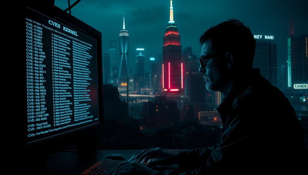 A dimly lit, high-contrast cyberpunk scene. In the foreground, a glowing, futuristic computer terminal displays a scrolling list of Linux kernel CVEs (Common Vulnerabilities and Exposures). The terminal's holographic interface casts an eerie glow across the operator's face, who is intently studying the vulnerabilities. In the middle ground, a tangled web of neon-lit cables and circuit boards suggest the complex, interconnected nature of the Linux kernel. In the distant background, a cityscape of towering skyscrapers and flickering neon signs conveys a sense of technological advancement and the relentless march of progress, even in the face of persistent security challenges.