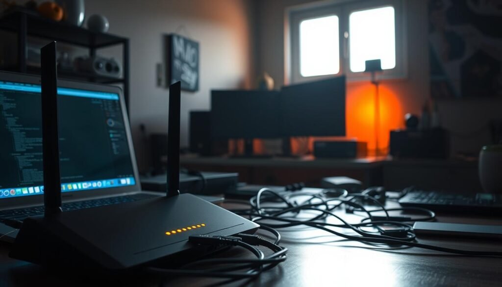A dimly lit home office, the glow of a laptop screen casting a warm hue across the room. In the foreground, a sleek, modern router stands tall, its blinking lights signaling the constant flow of data. The middle ground features an array of network cables, expertly organized and secured, snaking across the desk. In the background, the silhouettes of networked devices - computers, smart home accessories, and mobile devices - create a sense of interconnectivity. The overall atmosphere conveys the importance of a well-secured home network, where digital security is a top priority, reflected in the careful attention to detail and the strategic placement of hardware.
