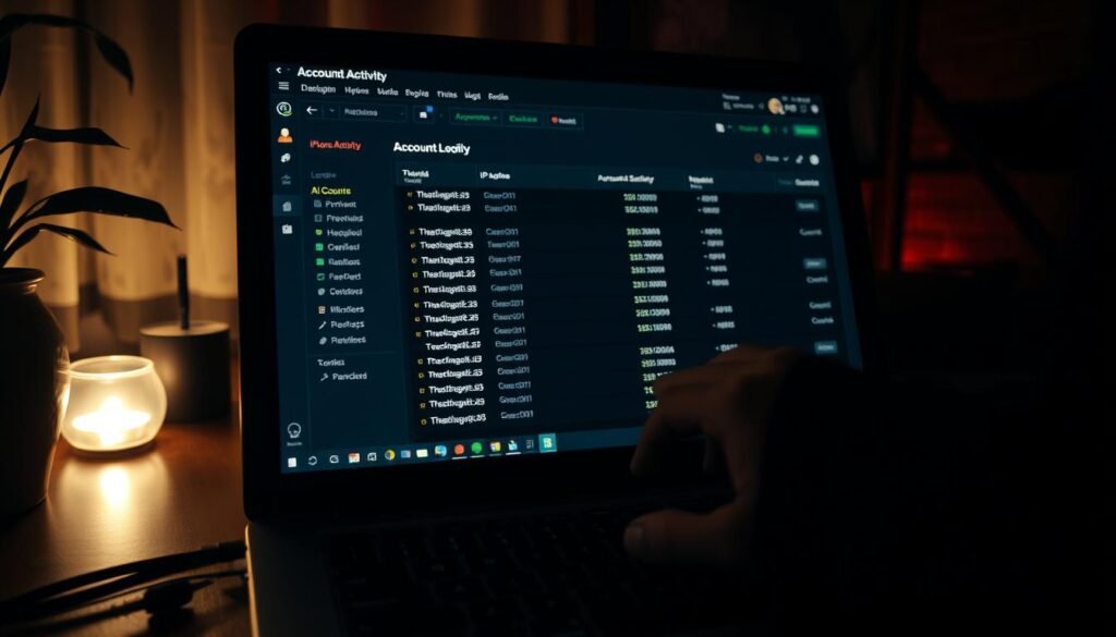 A dimly lit home office, the glow of a laptop screen casting an eerie light. On the screen, a dashboard displays login activity, with a series of IP addresses and timestamps - a visual representation of account security. In the foreground, a hand hovers over the keyboard, poised to investigate and respond to any suspicious logins. The atmosphere is one of vigilance and concern, underscoring the importance of monitoring login activity to safeguard one's digital identity.