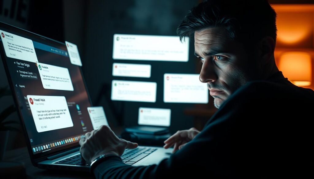 A dimly lit home office, the glow of a laptop screen illuminating a worried expression. On the display, various pop-up windows and suspicious-looking email notifications hint at a potential email hack. The user's hands hover over the keyboard, brow furrowed as they carefully inspect the signs - strange login attempts, unfamiliar senders, and suspicious account activity. The atmosphere is tense, conveying a sense of urgency and the need to take immediate action to secure the compromised account. The lighting is dramatic, creating sharp shadows and highlights that emphasize the gravity of the situation. The composition places the user's face and the laptop screen as the central focus, with the background blurred to maintain the viewer's attention on the task at hand.