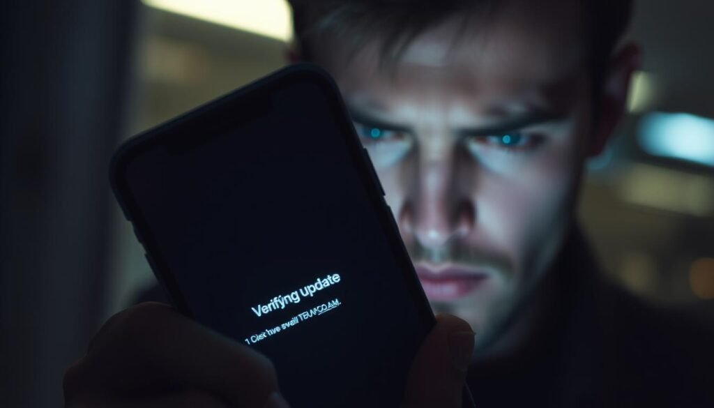 A dimly lit iPhone screen displays the ominous "Verifying Update" message, casting an eerie glow on the user's anxious face. The device is held at a slight angle, highlighting the tension and uncertainty of the situation. The background is blurred, placing the focus on the phone's screen and the user's expression, conveying the sense of being stuck in a technological limbo. The lighting is soft and moody, creating a sense of unease and frustration. The composition emphasizes the user's concern, with the iPhone taking up a significant portion of the frame, underscoring the importance of the issue at hand.