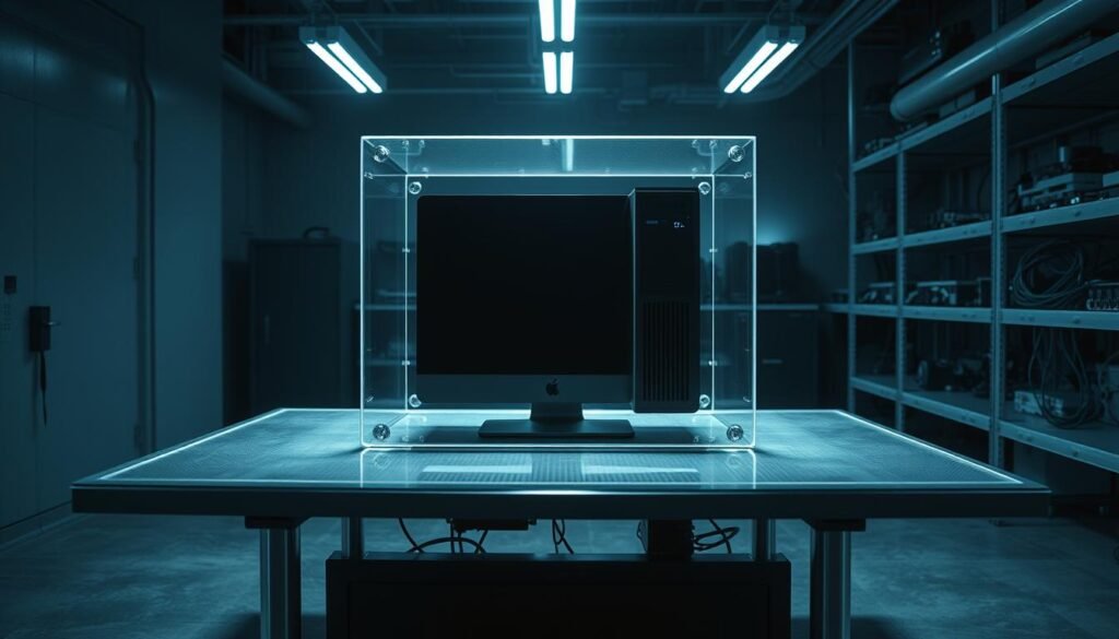 A dimly lit, industrial-style room with a sleek, modern desktop computer sitting on a steel-and-glass desk. The computer is encased in a transparent acrylic shell, creating a clear visual barrier between the device and the external environment. The room is bathed in a soft, bluish-gray light, conveying a sense of security and isolation. The desk is positioned in the center of the frame, with the computer taking up the majority of the foreground. In the background, there are shelves lined with various technical components and cables, suggesting a well-equipped workspace dedicated to sensitive data management. The overall atmosphere is one of precision, control, and a heightened awareness of digital security.