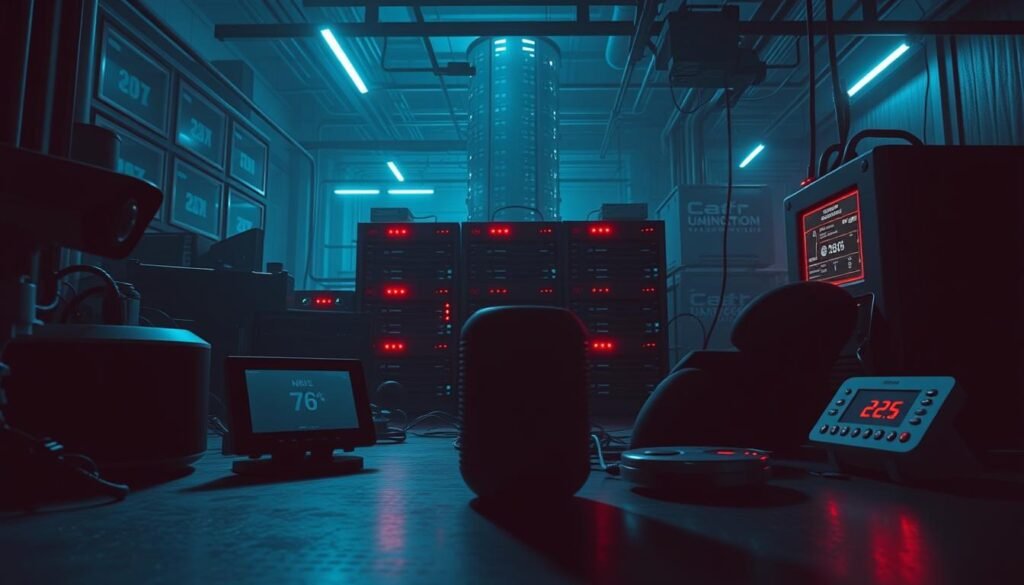 A dimly lit, industrial-style setting showcasing an array of internet-connected devices, each representing a potential security vulnerability. In the foreground, an array of smart home gadgets - a surveillance camera, a smart speaker, and a connected thermostat - casting ominous shadows. In the middle ground, a network hub and several IoT gateways blink with warning lights, hinting at the complex web of interconnected systems. In the background, a towering data center looms, symbolizing the vast infrastructure that powers the IoT ecosystem. The scene is bathed in a cool, blue-tinted lighting, creating an atmosphere of unease and the sense of an impending cyber threat.