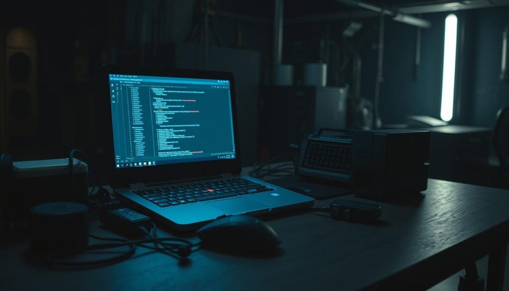 A dimly-lit, industrial-style workspace with a laptop, wireless mouse, and various cybersecurity tools scattered across the desk. The laptop's screen displays the Metasploit Framework's user interface, casting a soft, blue glow across the scene. The background is a blend of dark shadows and subtle hints of machinery, conveying a sense of technical depth and focus. The lighting is dramatic, with deep shadows and highlights that accentuate the technical nature of the subject matter. The overall atmosphere is one of concentration and determination, as if the user is engrossed in a critical phase of a penetration testing or ethical hacking exercise. A dimly-lit, industrial-style workspace with a laptop, wireless mouse, and various cybersecurity tools scattered across the desk. The laptop's screen displays the Metasploit Framework's user interface, casting a soft, blue glow across the scene. The background is a blend of dark shadows and subtle hints of machinery, conveying a sense of technical depth and focus. The lighting is dramatic, with deep shadows and highlights that accentuate the technical nature of the subject matter. The overall atmosphere is one of concentration and determination, as if the user is engrossed in a critical phase of a penetration testing or ethical hacking exercise.