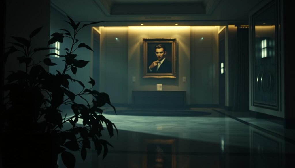 A dimly lit lobby, the air thick with a sense of mischief. In the foreground, a potted plant subtly shifted, its leaves rustling as if whispering secrets. Shadows dance across the marble floor, hinting at unseen movements. The lighting casts an eerie glow, casting distorted reflections on the polished surfaces. In the middle ground, a seemingly innocuous painting hangs slightly askew, its subject appearing to wink at the unsuspecting observer. The background is a hazy blur, as if the boundaries between reality and illusion have become blurred. The overall atmosphere is one of subtle subversion, where the mundane has been transformed into the extraordinary, leaving onlookers questioning the nature of their surroundings. A dimly lit lobby, the air thick with a sense of mischief. In the foreground, a potted plant subtly shifted, its leaves rustling as if whispering secrets. Shadows dance across the marble floor, hinting at unseen movements. The lighting casts an eerie glow, casting distorted reflections on the polished surfaces. In the middle ground, a seemingly innocuous painting hangs slightly askew, its subject appearing to wink at the unsuspecting observer. The background is a hazy blur, as if the boundaries between reality and illusion have become blurred. The overall atmosphere is one of subtle subversion, where the mundane has been transformed into the extraordinary, leaving onlookers questioning the nature of their surroundings.