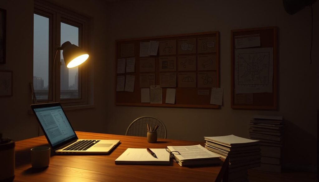 A dimly lit, minimalist office space. In the foreground, a wooden desk with a laptop, a stack of files, and a pen resting on a notebook. Overhead, a single desk lamp casts a warm glow, creating a focused, contemplative atmosphere. On the wall behind the desk, a large corkboard displays various notes, maps, and diagrams, indicating an ongoing security planning process. In the background, a window offers a view of a cityscape, reinforcing the sense of strategic planning and operational security.