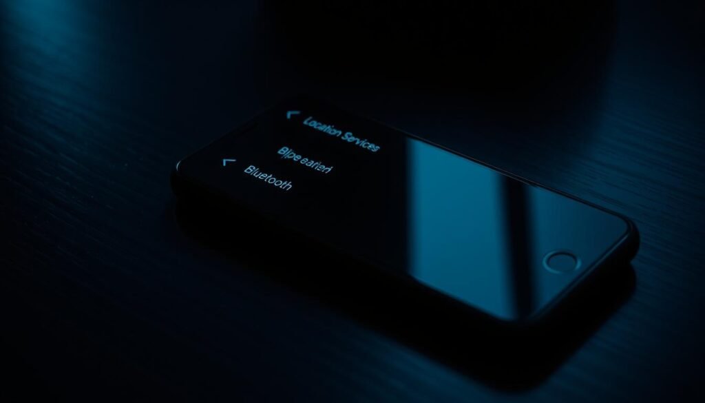 A dimly lit mobile phone screen showing a location services menu with toggles for GPS, WiFi, and Bluetooth. The phone is placed on a dark wooden surface, casting faint shadows. The screen is slightly tilted, emphasizing the user interface controls. The scene is lit from the side, creating subtle highlights and shadows that convey a sense of depth and atmosphere. The overall mood is one of contemplation and focus on the privacy implications of location tracking.