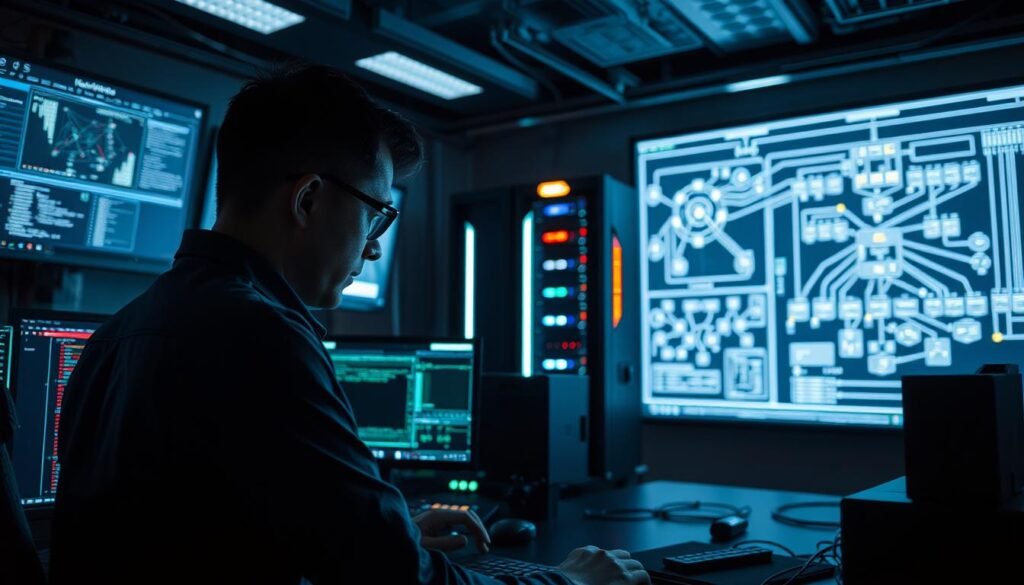 A dimly lit network operations center, the glow of multiple screens illuminating the space. In the foreground, a network administrator intently examining a packet sniffer interface, analyzing network traffic for anomalies. Sleek, high-performance hardware and sophisticated software tools surround them, conveying a sense of technological prowess. The middle ground features a network diagram displayed on a large wall-mounted display, providing a comprehensive overview of the system. In the background, a server rack stands tall, its blinking lights and fans hinting at the complex infrastructure powering the network. The atmosphere is one of focused professionalism, with an air of quiet intensity as the administrator works to ensure the security and integrity of the network.