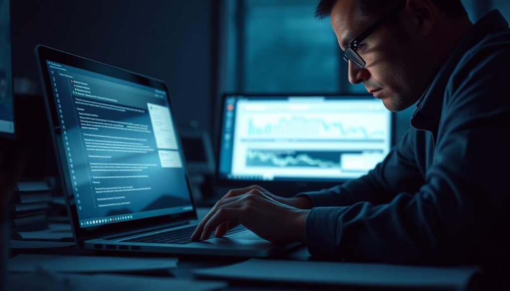 A dimly lit office desk, a laptop displaying a timeline of threat emails, with digital documents and security alerts strewn across the surface. Soft ambient lighting casts a sense of urgency, the glow of the screen illuminating the serious expression of the incident responder as they analyze the unfolding situation. Faint reflections on the laptop screen hint at the gravity of the corporate hack, the responder's focus unwavering as they navigate the threat timeline, piecing together the escalating sequence of suspicious emails. Depth of field blurs the background, drawing the viewer's attention to the critical task at hand. A dimly lit office desk, a laptop displaying a timeline of threat emails, with digital documents and security alerts strewn across the surface. Soft ambient lighting casts a sense of urgency, the glow of the screen illuminating the serious expression of the incident responder as they analyze the unfolding situation. Faint reflections on the laptop screen hint at the gravity of the corporate hack, the responder's focus unwavering as they navigate the threat timeline, piecing together the escalating sequence of suspicious emails. Depth of field blurs the background, drawing the viewer's attention to the critical task at hand.