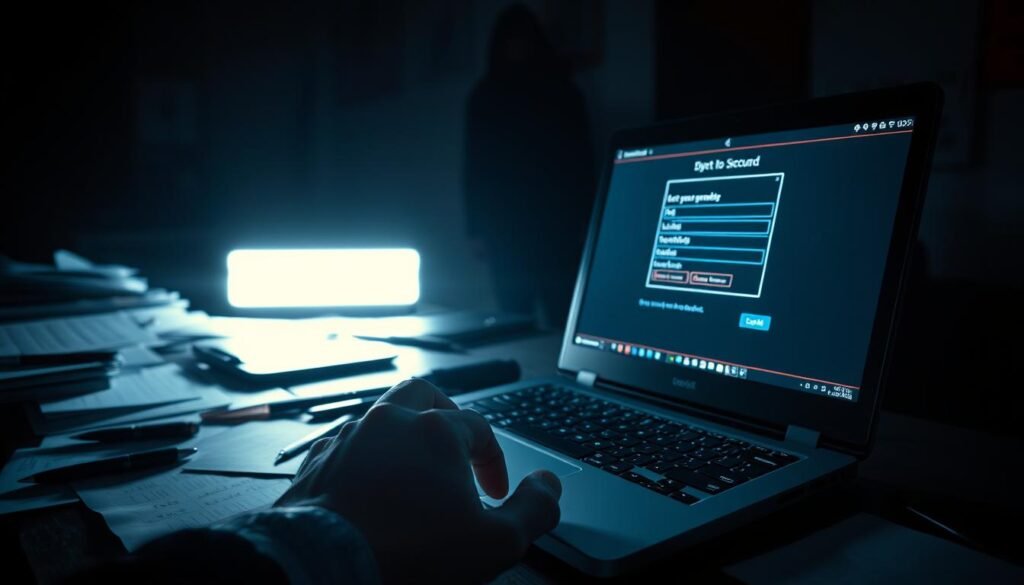 A dimly lit office desk, the surface cluttered with scattered papers, pens, and an open laptop. In the foreground, a hand hovers over a keyboard, the fingers poised to type. The laptop screen displays a series of login prompts, passwords, and account numbers, hinting at the vulnerability of digital security. The middle ground features a shadowy figure lurking in the background, watching the scene unfold. Dramatic chiaroscuro lighting casts a sense of unease and impending threat, as the image conveys the warning signs of compromised accounts.