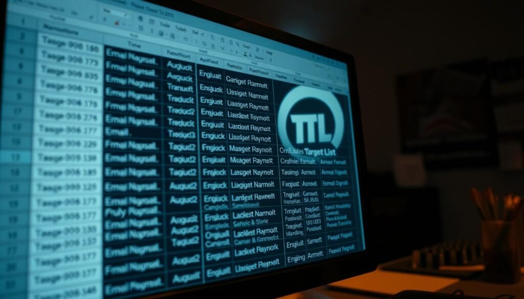 A dimly-lit office interior, with a computer monitor displaying a spreadsheet of email addresses and employee names. The foreground shows a cursor hovering over the data, hinting at the process of building a target list. The middle ground features a desk with office supplies, suggesting a workspace dedicated to intelligence gathering. The background subtly depicts the logo of the target organization, partially obscured, to reinforce the context. The lighting is warm and focused, creating a serious, analytical atmosphere befitting the subject matter. The camera angle is slightly elevated, providing a sense of scrutiny and investigation.