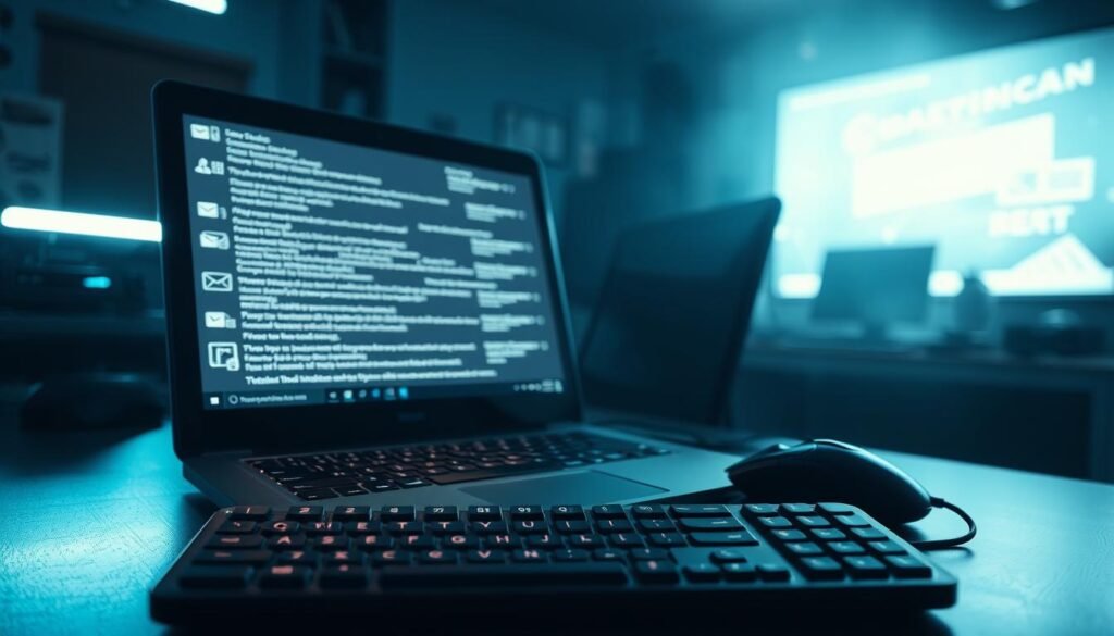 A dimly lit office setting, the glow of a computer screen casting a soft, eerie light. In the foreground, an open laptop displaying a flurry of ominous-looking email notifications, the subject lines hinting at potential threats. In the middle ground, a keyboard and mouse sit untouched, the cursor blinking ominously. The background is shrouded in shadow, suggesting the looming presence of unseen dangers lurking beyond the boundaries of the workspace. The scene conveys a sense of unease and heightened vigilance, underscoring the importance of proactive email security measures in the face of emerging cyber threats.